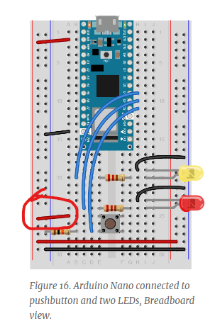 Diagram of an Arduino Breadboard circuit. Circled in red: The wire I forgot to add to the circuit.
