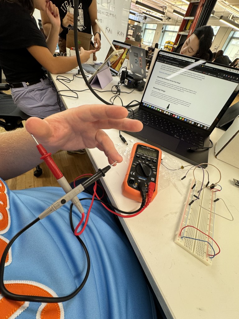 Using a multimeter on my thumb and finger to confirm I am electric.