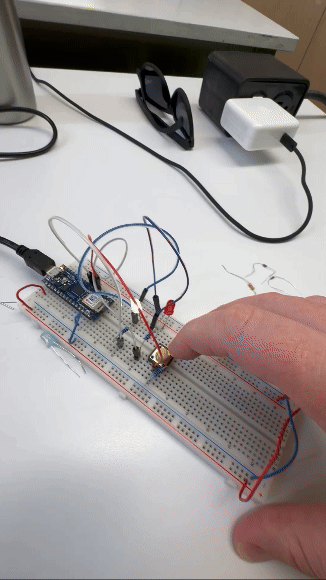 GIF of Breadboard with light on but switch was not working when I pressed it.