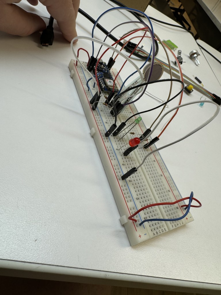 Breadboard wired with FSRs and LEDs and Arduino. 