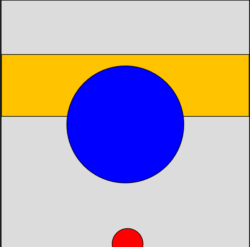 My Assignment 2 sketch. An orange rectangle moving downward over time, a blue circle that changes diameter each time, and a red circle that "rotates" according to my mouse.